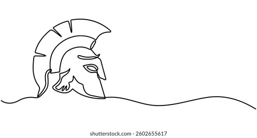 Continuous one line drawing of spartan helmet. Medieval, Roman, traditional, protection concept. Editable stroke vector, One line drawing of warrior helmet. One continuous line drawing.