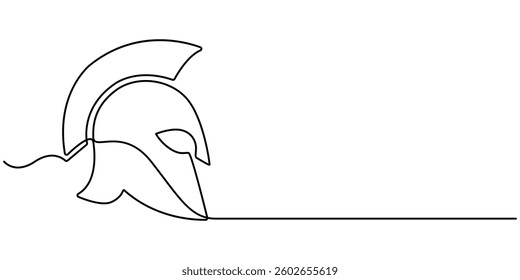 Continuous one line drawing of spartan helmet. Medieval, Roman, traditional, protection concept. Editable stroke vector, One line drawing of warrior helmet. One continuous line drawing.