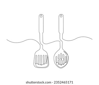 Dibujo continuo de una línea de espátula. Ilustración vectorial del contorno de la cocina. Trazo editable. 