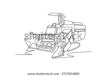 Continuous one line drawing specialized harvesting machine, rice, small-grain combine. Intricate front processing unit, precision farming equipment. Single line draw design vector graphic illustration