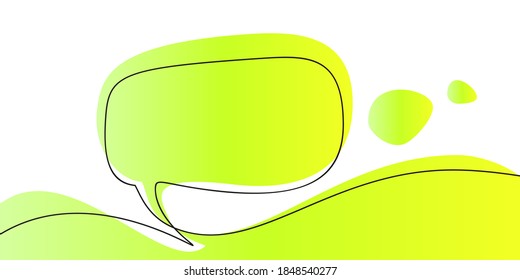 Continuous one line drawing of speech bubble on bright fresh green gradient abstract shape, Vector minimalist linear illustration made of single line banner note template
