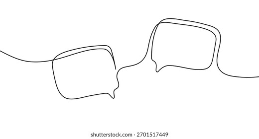Continuous one line drawing of speech bubbles and chat icons. Minimalist vector illustration of communication bubbles, including blank templates for messages, tips, or dialog boxes.