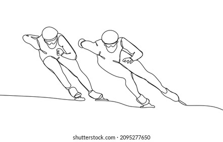 Dibujo continuo de una línea de atletas de patinaje de velocidad. Deporte en temporada de invierno. Ilustración del vector