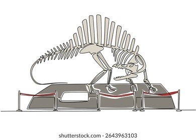 Esqueleto de dinossauro espinossauro contínuo de uma linha na sala do museu. Lições de história de animais no passado. Alto. Grande. Dia Internacional do Museu. Ilustração de vetor de design de desenho de linha única