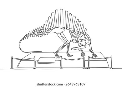 Continuous one line drawing spinosaurus dinosaur skeleton in museum room. History lessons of animals in the past. Tall. Big. International Museum Day. Single line draw design vector illustration