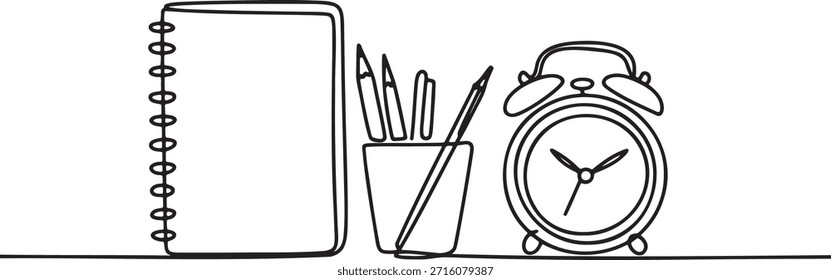 Continuous one line drawing of spiral notebook, pencil holder, and vintage alarm clock. Simple still life composition representing education, time management, and office supplies. Minimalist drawing perfect for school themes, study materials, or planning concepts. Linear art of desk objects.