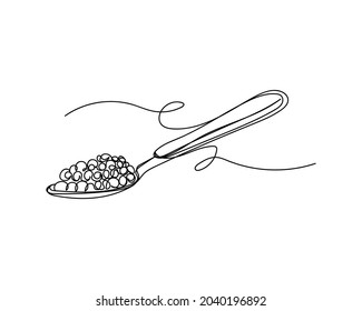Continuous one line drawing of spoon with fresh salmon caviar in silhouette on a white background. Linear stylized.
