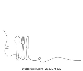 Dibujo continuo de una línea de cuchara, tenedor y cuchillo. Los utensilios de cocina esbozan la ilustración vectorial. Trazo editable. 