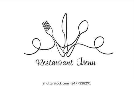 Continuous one line drawing of spoon, knife and fork. Restaurant menu concept.