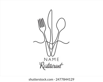 Dibujo continuo de una línea de cuchara, cuchillo y tenedor. Concepto de menú de restaurante.