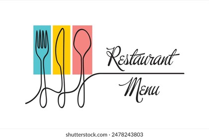 Continuous one line drawing of spoon, knife and fork. Restaurant menu concept.