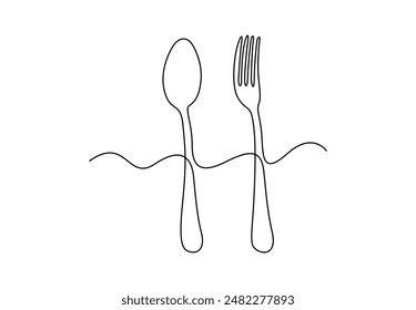 Continuous one line drawing of spoon and fork vector illustration