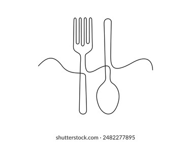 Continuous one line drawing of spoon and fork vector illustration