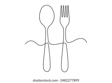 Continuous one line drawing of spoon and fork vector illustration