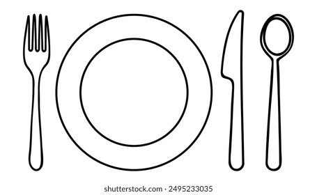 Continuous One Line Drawing. Spoon, Fork, Knife, Eating Utensils. Cooking Utensils Line Art Style for Logos, Business Cards, Banners. Black and White Minimalist Vector illustration