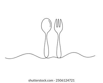 Continuous one line drawing spoon and fork isolated vector illustration on white background.