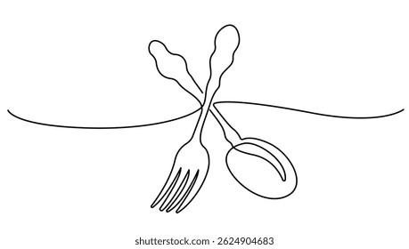 Continuous One Line Drawing. Spoon and Fork, Eating Utensils. Cooking Utensils Line Art Style for Logos, Business Cards, Banners. Black and White Minimalist Vector illustration. Not AI