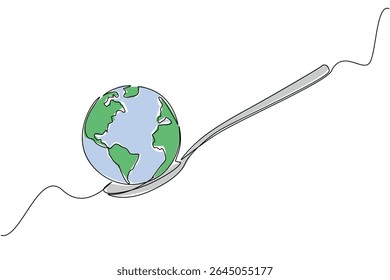 Uma linha contínua desenhando uma colher com um globo no final. Apoiando a formação de uma agência mundial de alimentos mais séria. Sensibilizar. Dia Mundial da Fome. Ilustração de vetor de design de desenho de linha única