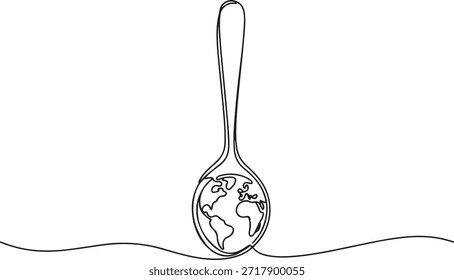 Uma linha contínua desenhando uma colher com um globo no final. Apoiando a formação de uma agência mundial de alimentos mais séria. Aumentar a conscientização. Desenho de ícone de uma linha
