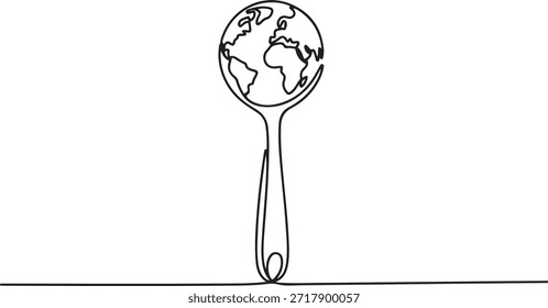 Uma linha contínua desenhando uma colher com um globo no final. Apoiando a formação de uma agência mundial de alimentos mais séria. Aumentar a conscientização. Desenho de ícone de uma linha
