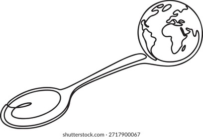 Uma linha contínua desenhando uma colher com um globo no final. Apoiando a formação de uma agência mundial de alimentos mais séria. Aumentar a conscientização. Desenho de ícone de uma linha
