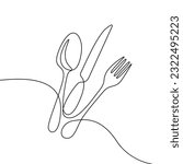 Continuous One Line Drawing. Spoons, Forks, Knife, Eating Utensils. Cooking Utensils Line Art Style for Logos, Business Cards, Banners. Black and White Minimalist Vector illustration 