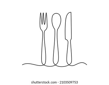 Continuous One Line Drawing. Spoons, Forks, Knife, Eating Utensils. Cooking Utensils Line Art Style .Vector illustration