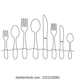 Continuous One Line Drawing. Spoons, Forks, Knives, Tableware. Cooking Equipment Line Art Style for Logo, Business Card, Banner. Black and White Minimalist Vector Illustration