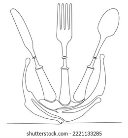 Continuous One Line Drawing. Spoons, Forks, Knives, Tableware. Cooking Equipment Line Art Style for Logo, Business Card, Banner. Black and White Minimalist Vector Illustration