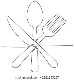 Continuous One Line Drawing. Spoons, Forks, Knives, Tableware. Cooking Equipment Line Art Style for Logo, Business Card, Banner. Black and White Minimalist Vector Illustration