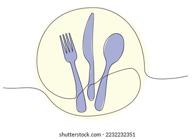 Kontinuierliche Zeichnung einer Linie. Löffel, Gabel, Messer, Essgeschirr. Cooking Utensils Linie Art Style für Logos, Visitenkarten, Banner. Schwarz-Weiß-Minimalistische Vektorgrafik
