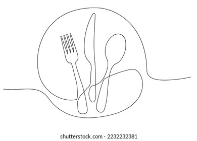 Dibujo continuo de una línea. Cucharas, Horquillas, Cuchillos, Utensilios de restauración. Utensilios de cocina Estilo de arte de línea para logotipos, tarjetas de visita, carteles. Ilustración de vectores minimalistas en blanco y negro