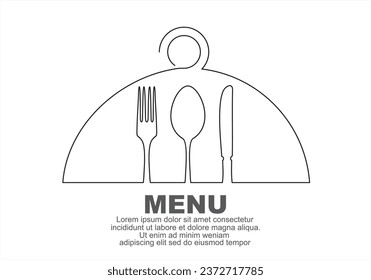 Dibujo continuo de una línea. Cucharas, Horquillas, Cuchillos, Utensilios de restauración. Utensilios de cocina Estilo de arte de línea para logotipos, tarjetas de visita, carteles. Ilustración de vectores minimalistas en blanco y negro