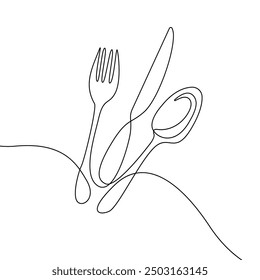 Dibujo continuo de una línea. Cucharas, Tenedores, Cuchillos, Utensilios De Comer. Línea de utensilios de cocina estilo de arte para logotipos, tarjetas de visita, Anuncios. Ilustración vectorial minimalista en blanco y negro	