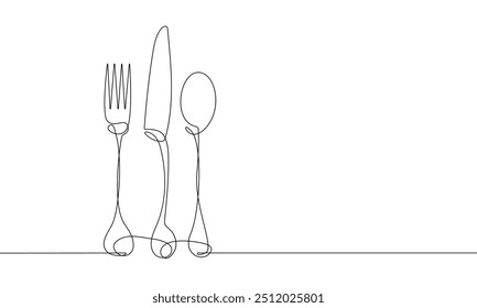 Continuous One Line Drawing. Spoons, Forks, Knife, Eating Utensils. Cooking Utensils Line Art Style for Logos, Business Cards, Banners. Black and White Minimalist Vector illustration