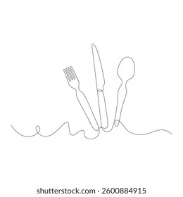 Continuous One Line Drawing. Spoons, Forks, Knife, Eating Utensils illustration