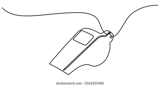 Continuous one line drawing of sport whistle icon in silhouette on a white background. Linear stylized, Sports whistle one line art. Continuous line drawing of sport, coach, referee, activity, pro. 