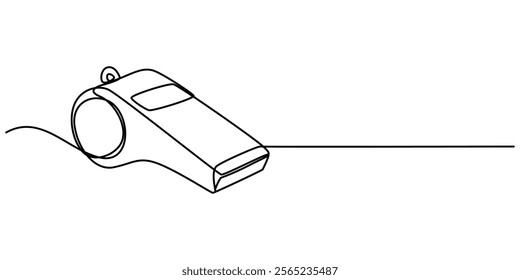 Continuous one line drawing of sport whistle icon in silhouette on a white background. Linear stylized, Sports whistle one line art. Continuous line drawing of sport, coach, referee, activity, pro. 