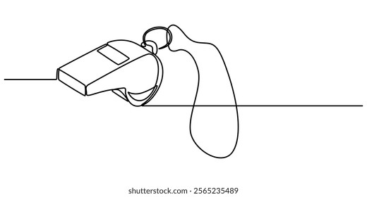 Continuous one line drawing of sport whistle icon in silhouette on a white background. Linear stylized, Sports whistle one line art. Continuous line drawing of sport, coach, referee, activity, pro. 