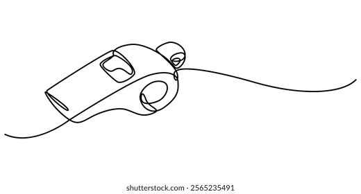 Continuous one line drawing of sport whistle icon in silhouette on a white background. Linear stylized, Sports whistle one line art. Continuous line drawing of sport, coach, referee, activity, pro. 