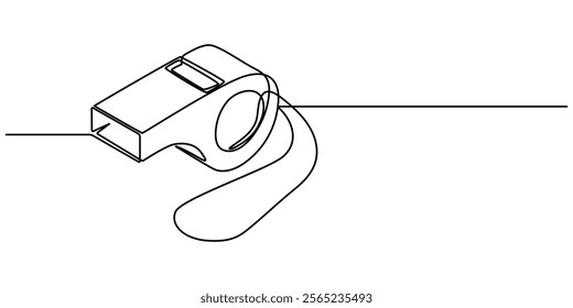 Continuous one line drawing of sport whistle icon in silhouette on a white background. Linear stylized, Sports whistle one line art. Continuous line drawing of sport, coach, referee, activity, pro. 