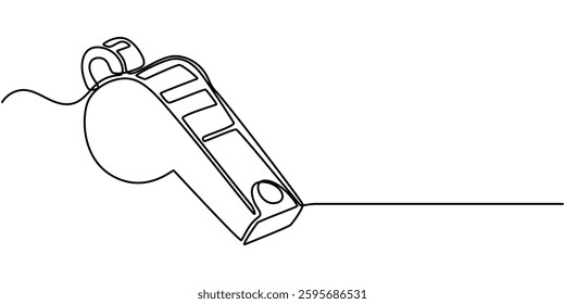 Continuous one line drawing of sport whistle icon in silhouette on a white background. Linear stylized, Sports whistle one line art. Continuous line drawing of sport, coach, referee, activity, vector.