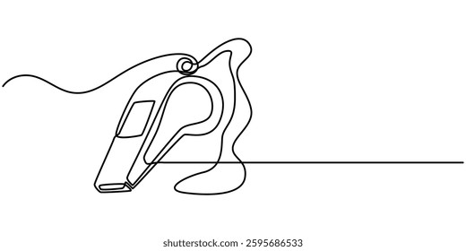 Continuous one line drawing of sport whistle icon in silhouette on a white background. Linear stylized, Sports whistle one line art. Continuous line drawing of sport, coach, referee, activity, vector.