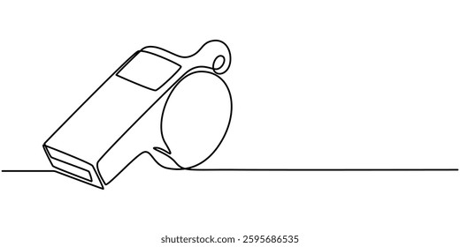 Continuous one line drawing of sport whistle icon in silhouette on a white background. Linear stylized, Sports whistle one line art. Continuous line drawing of sport, coach, referee, activity, vector.