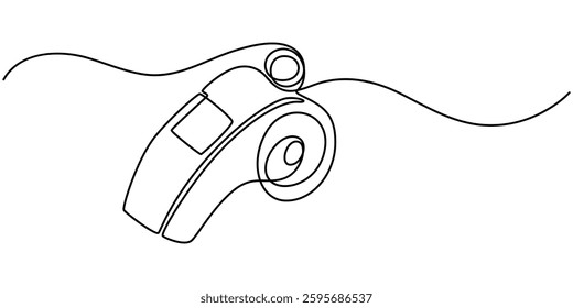 Continuous one line drawing of sport whistle icon in silhouette on a white background. Linear stylized, Sports whistle one line art. Continuous line drawing of sport, coach, referee, activity, vector.