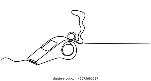 Continuous one line drawing of sport whistle icon in silhouette on a white background. Linear stylized, Sports whistle one line art. Continuous line drawing of sport, coach, referee, activity, vector.