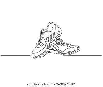 Continuous one line drawing of sport shoes. One line drawing illustration of sneakers fitness shoes. Sport, fashion concept single line. Editable outline