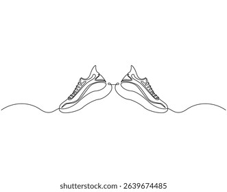 Continuous one line drawing of sport shoes. One line drawing illustration of sneakers fitness shoes. Sport, fashion concept single line. Editable outline