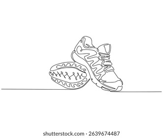 Continuous one line drawing of sport shoes. One line drawing illustration of sneakers fitness shoes. Sport, fashion concept single line. Editable outline