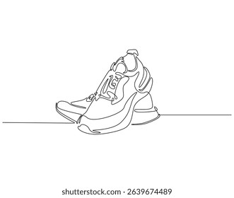 Continuous one line drawing of sport shoes. One line drawing illustration of sneakers fitness shoes. Sport, fashion concept single line. Editable outline